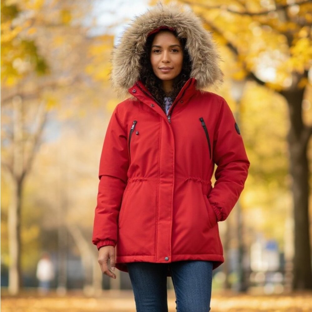 C&A Parka Jacket Womens S Small Red Polyester Fill Puffer Faux Fur Winter Skiing